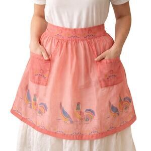Vintage 60s Women's Waist Apron Pink Peach Hand Stenciled Rooster Floral